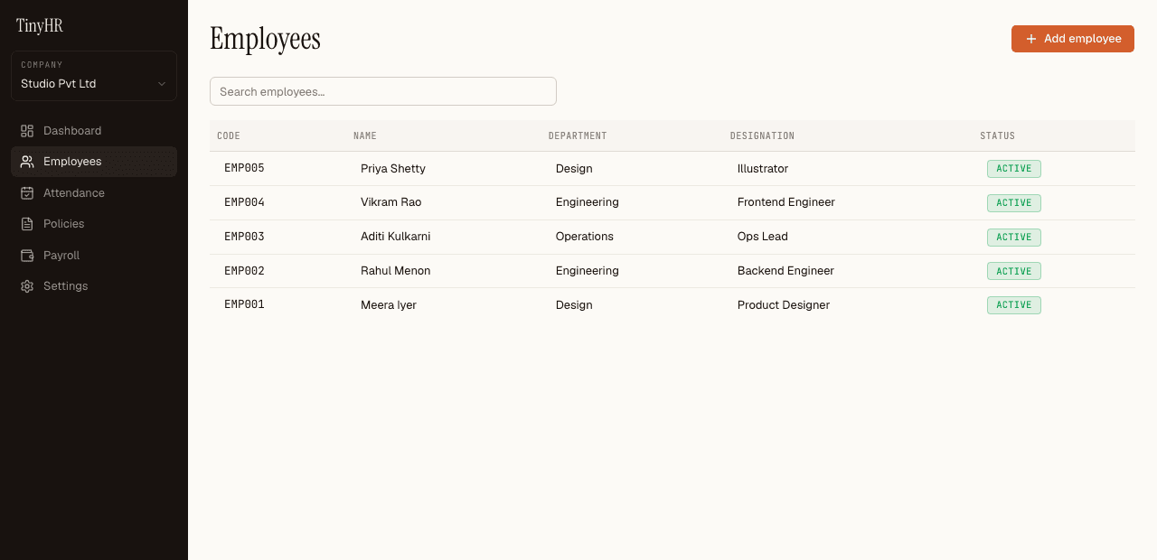 TinyHR dashboard: company switcher and employee list